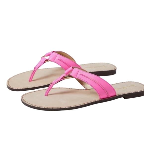 Lilly Pulitzer McKim Pink Tropics Leather T-Strap Sandals Size 6.5 - Nearly New - Picture 1 of 9
